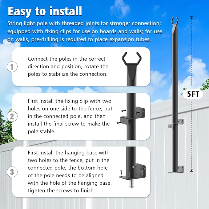 4 Pack String Light Poles,5 Ft Light Poles for Outside String Lights,Outdoor Lights Pole with Fork,Metal Poles Stand for Patio Deck Backyard