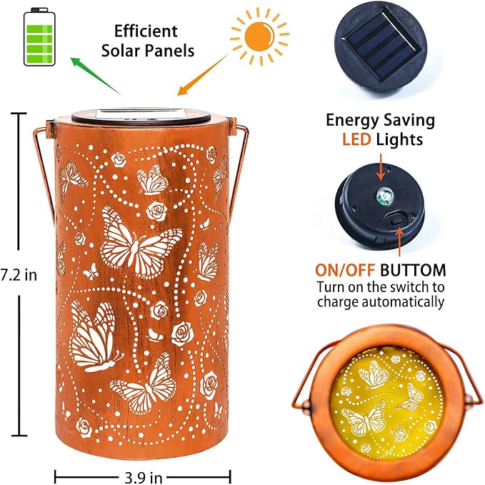 2 Pack Butterfly Solar Lanterns Outdoor Waterproof Hanging Solar Lights Butterfly Gifts for Women Men Metal Decorative LED Lights for Garden Decor,Yard,Patio,Lawn,Tabletop,Pathway,Landscape