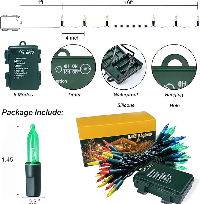 50 LED Christmas Twinkle Lights, 16ft Waterproof for Backyard
