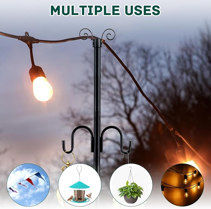String Light Poles, 10FT Patio Light Poles for String Lights Metal Post Pole with Hooks to Hang Outdoor String Lights, Plant Baskets, Bird Feeder
