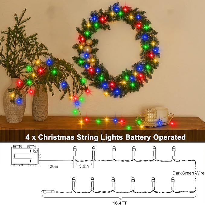 4 PACK Multicolor Battery Operated String Lights Outdoor 16.5Ft 50LED Battery Timer String Lights RGBY Clear Wire Christmas Tree Lights with 8 Modes Indoor Decorations for Yard Patio Window Tree