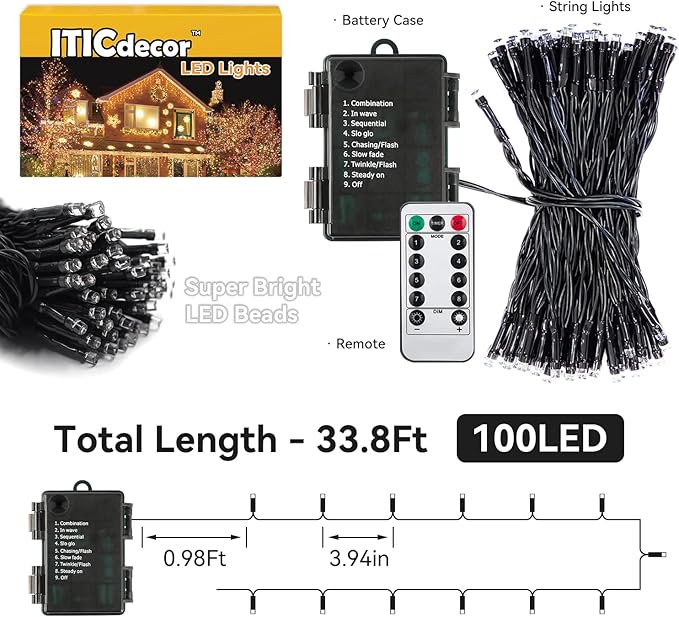 Christmas String Lights, 33ft 100 LED Waterproof Twinkle Lights
