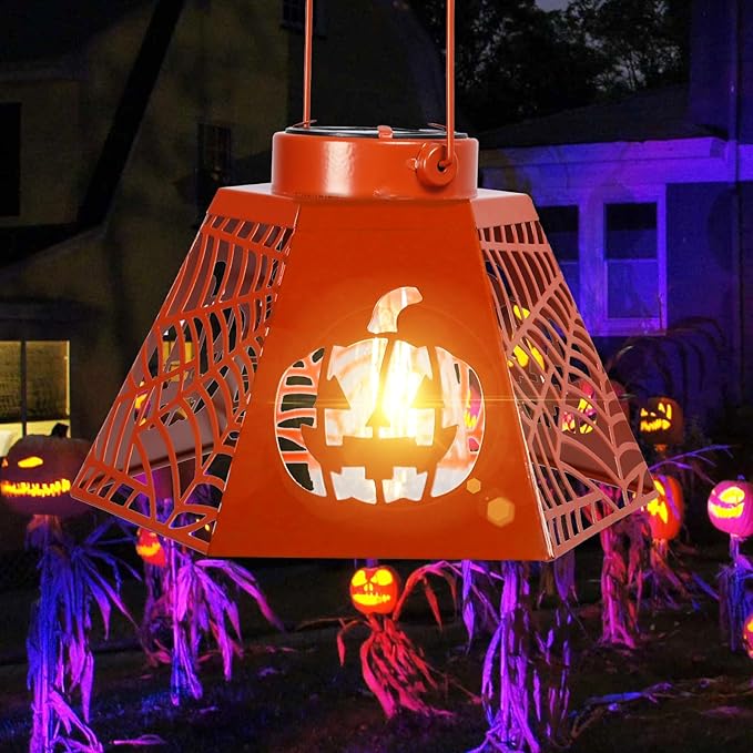 2-Pack 8.6" Halloween Solar-Powered Lanterns with Pumpkin Ghost Face Projection - Outdoor Jack-o'-Lantern Projection Lights, Waterproof Solar Stake Lights for Garden, Yard, Pathway Decor