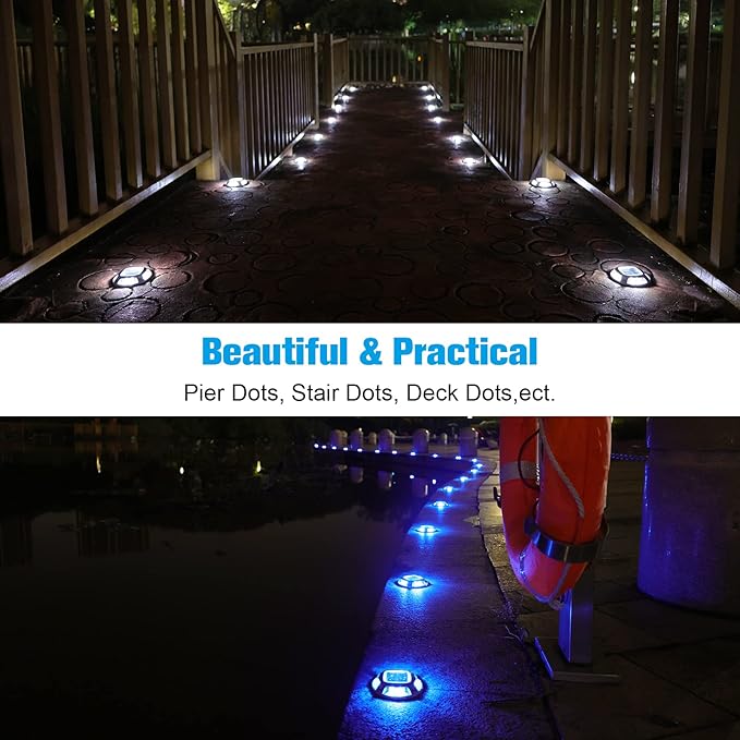 VOLISUN Solar Dock Marine Lights 12 Pack,2 Colors in 1,Outdoor IP67 LED Solar Powered Waterproof Driveway Marker Deck Lights for Warning Step Sidewalk Pathway (White/Blue),Saltwater Resistant