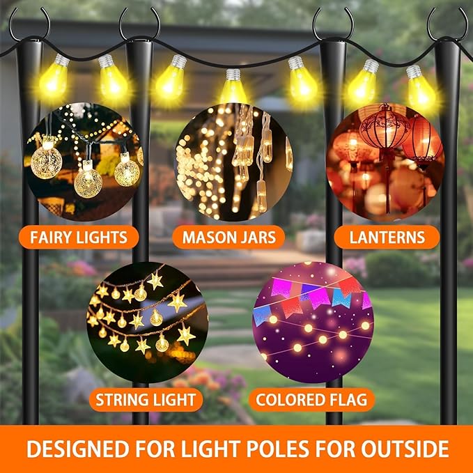 4 Pack 10Ft String Light Poles, Metal Poles with Fork for Outside Lights,Outdoor Metal Light Stand with Fence Brackets Hanging Lights for Garden Patio Wedding Backyard (4 PACK-Upgraded Version)