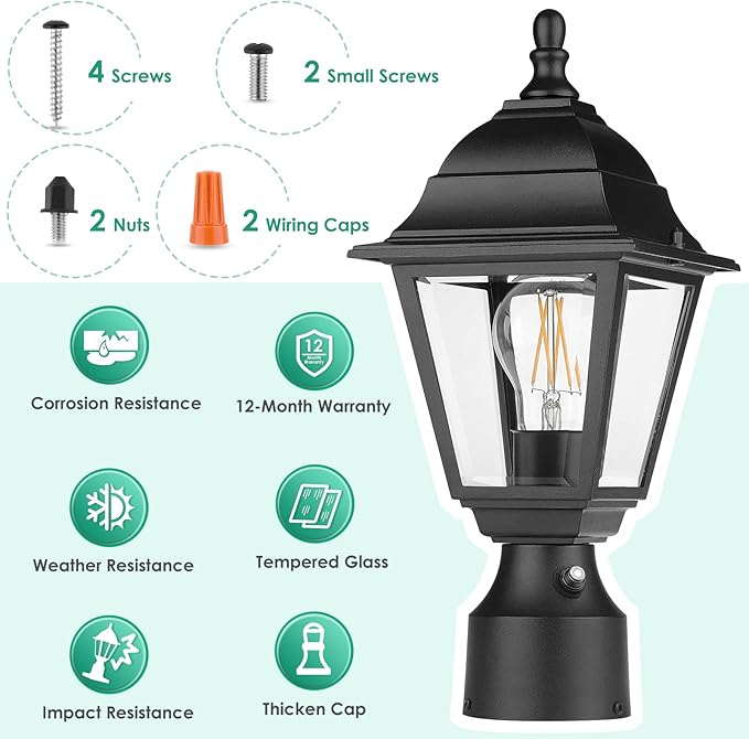 FOLKSMATE Dusk to Dawn Outdoor Post Lights, 2-Pack Waterproof Outside Post Lamps with Pier Mount, Exterior Pole Lantern with Clear Glass, Matte Black Light Fixture for Patio, Garden, Walkway