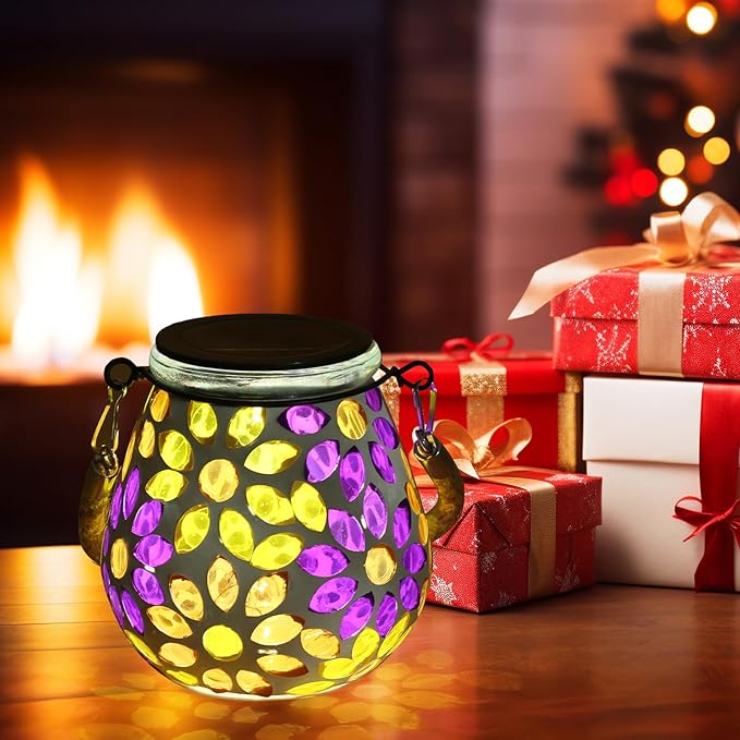 Mosaic Solar Lights Outdoor Lanterns, Decorative Mosaic Glass Solar Lamps Outdoor Waterproof, Hanging Lanterns Solar Night Lights for Garden,Patio,Pathway & Yard Décor (Flower)