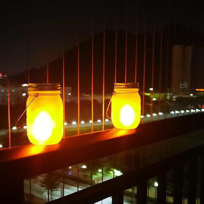 Mason Jar Solar Lights Lanterns, 6-Pack Amber Flame Flicker Lights with Glass Mason Jar,Best for Wedding Garden Patio Outdoor Solar Powered Hanging Lanterns(Jars & Hangers Included)