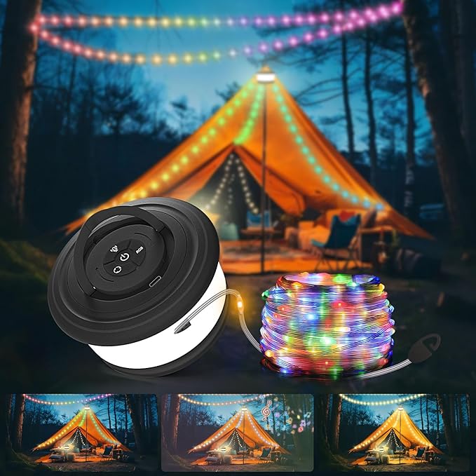 2-Pack Camping String Lights, 3 in 1 Upgraded Retractable RGB Outdoor String Lights with 19 Lighting Modes, Quick 30s Recovery, 32.8 FT Portable Tent Light, Rechargeable Camping Lantern (Black)