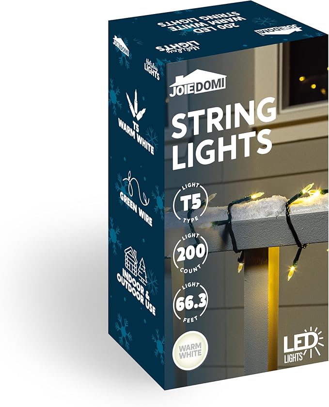 Joiedomi LED Christmas String Lights,200 Count 66.3FT Battery Operated Christmas Tree Fairy Lights with 8 Modes,Multifunction Green Wire for Xmas Decor Party Holiday House,Warm White