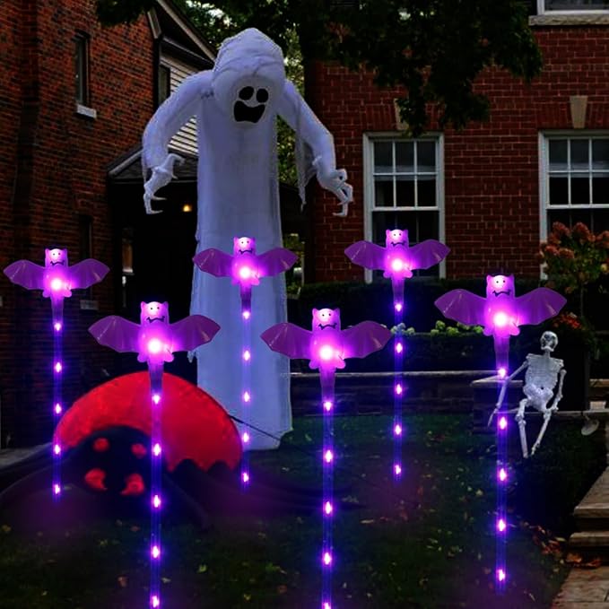 Halloween Decorations Outdoor Solar Bat Garden Lights,6 Pack 56LED Solar Halloween Bats Lights, Waterproof Solar Pathway Lights for Outside Patio Yard Lawn Grave Party Gifts Decor Purple