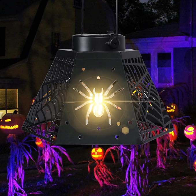 2-Pack 8.6" Halloween Solar-Powered Lanterns with Spider Outdoor Lantern Projection Lights, Waterproof Solar Stake Lights for Garden, Yard, Pathway Decor