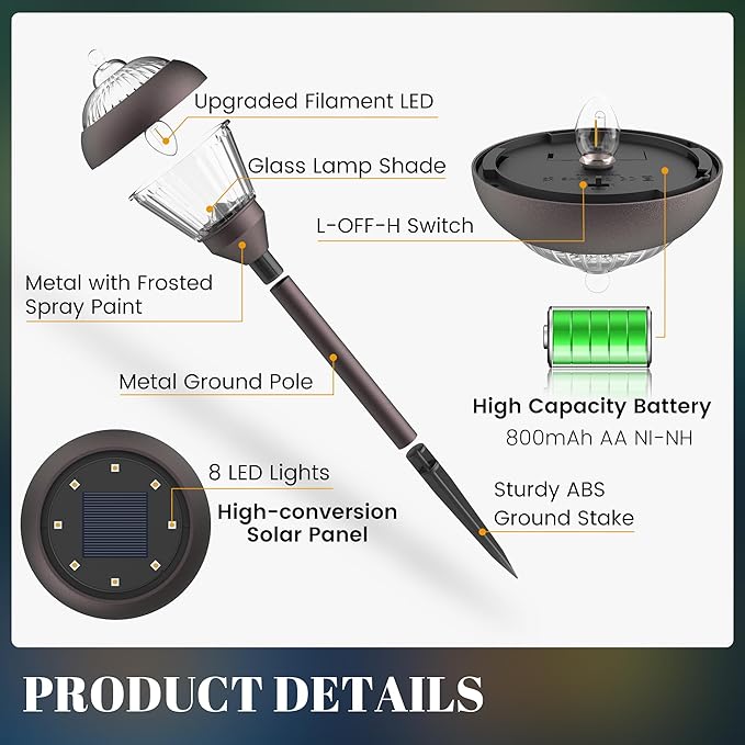 SOLPEX Solar Pathway Lights Outdoor Waterproof Solar Powered Pathway Lights - Glass & Metal Bronze Design with 2 Lighting Modes for Garden, Yard, Walkway, Driveway, Patio (4 Pack, Warm White)