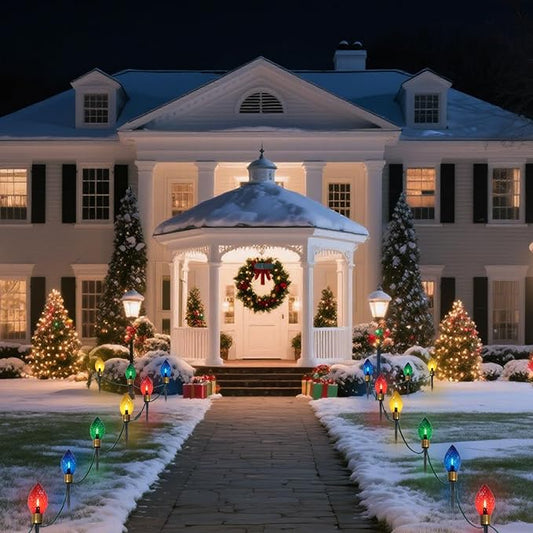 Jumbo Christmas Pathway Lights Outdoor, 7FT 4Pcs Connectable Plug in Multicolor Diamond Walkway Lights for Driveway, Fence, Yard Holiday Decor, Green Wire