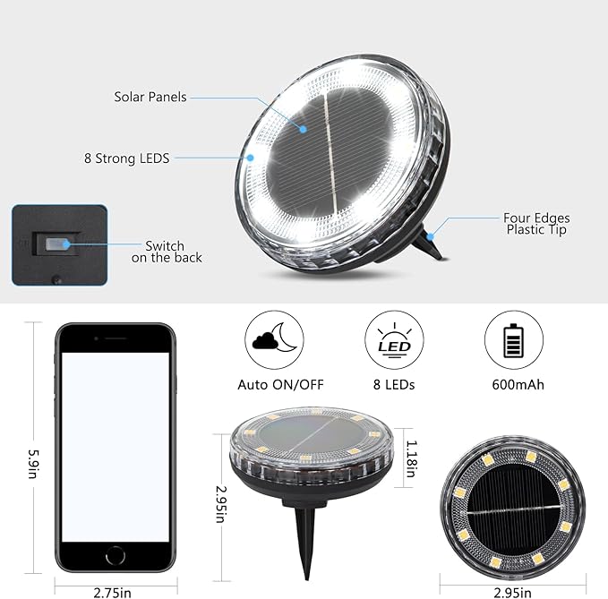8 Pack Solar Ground Lights Outdoor Waterproof, 8 LED Solar Disc Lights, IP65 Waterproof Long Lasting Flat Light for Garden Pathway Walkway (Cool White)