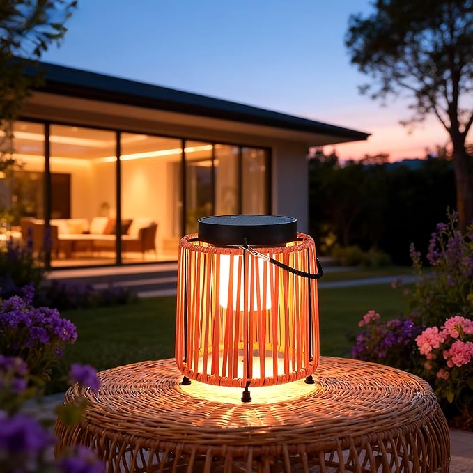 Solar Lanterns Outdoor Waterproof IP54, Handwoven Wicker Outdoor Table Lamps Portable Rechargeable with 30H+ Runtime, Dual USB-C/Solar Charging, 3 Brightness Levels, Orange