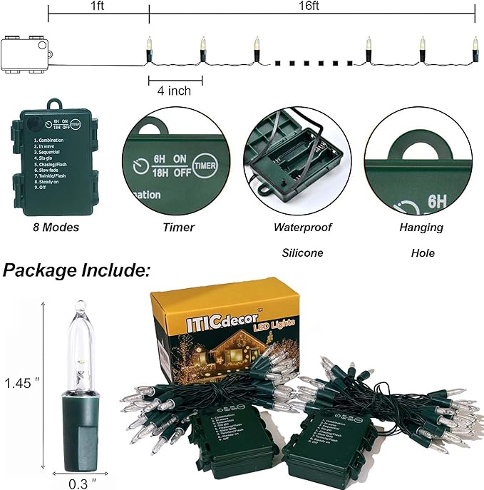 ITICdecor 2 Pack 50LED Battery Operated Christmas Lights, 16 FT Mini String Lights Waterproof with 8 Modes & Timer for Xmas Indoor Outdoor Yard Holiday Wedding Decorations(Warm White)