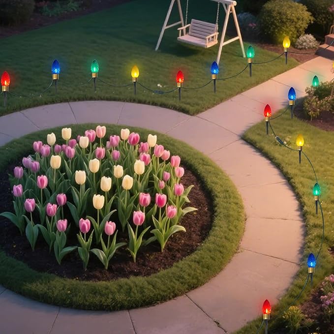 2 Pack Jumbo C9 Christmas Pathway Lights Outdoor, Total 14FT 8-Light Multicolor Diamond Connectable Plug in for Walkway, Fence, Yard, Garden