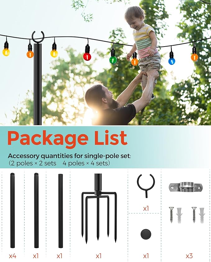 LAND·VOI 2 Pack String Light Poles, 9FT Heavy Duty Metal Light Poles for Outside String Lights, Outdoor Light Poles with 5 Prong Fork, Lighting Stand for Patio, Backyard, Garden, Deck, Black FLP12B