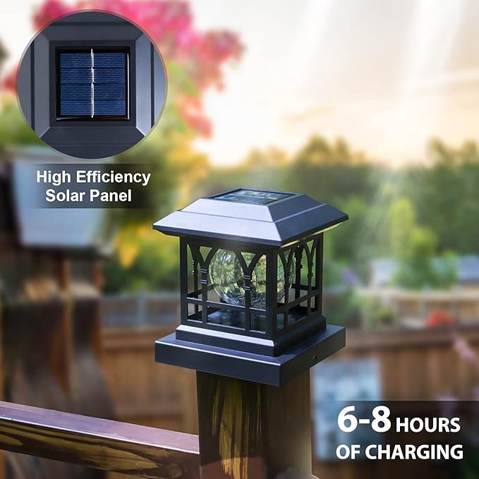 Solar Post Cap Lights, Warm White & RGB Automatic Cycling, Cracked Glass Bulb, 20 Lumens lP65 Waterproof Fit 3.6x3.6 4x4 4.5x4.5 5x5 Wood Fence Post Solar Powered Lights Black (6 Pack)