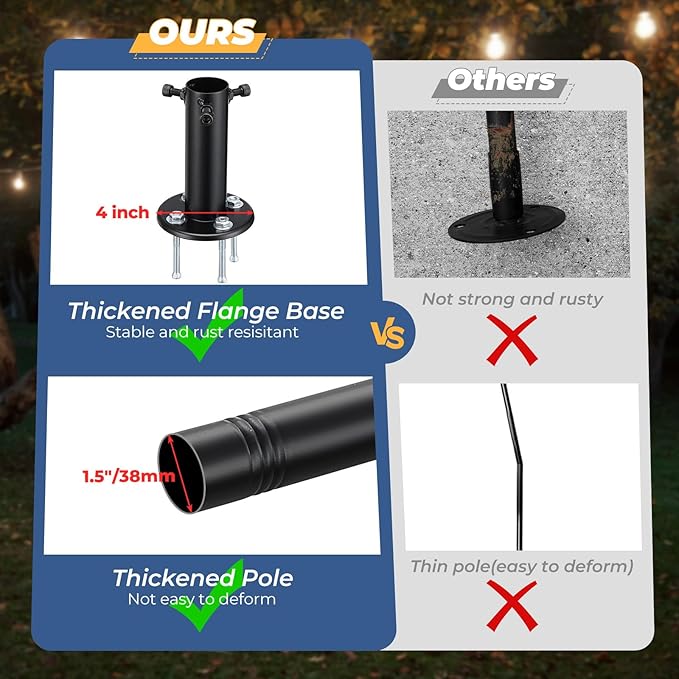 Heavy Duty Adjustable Light Pole for String Lights 1 Pack- 38mm Rust-Proof Metal Post with Deck & Fence Mount - Garden, Patio, Party Decor 10 FT