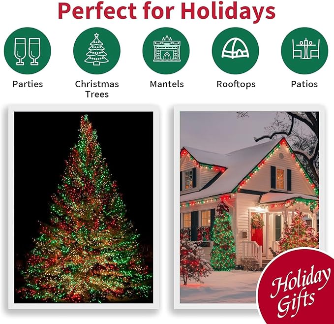 LAMPHOME Super-Bright Extendable Red Green Clear Christmas Lights Decoration 100Lights 19.6ft UL Certified Mini Bulb String Lights for Outdoor Christmas Tree Garden Patio Wedding Decor