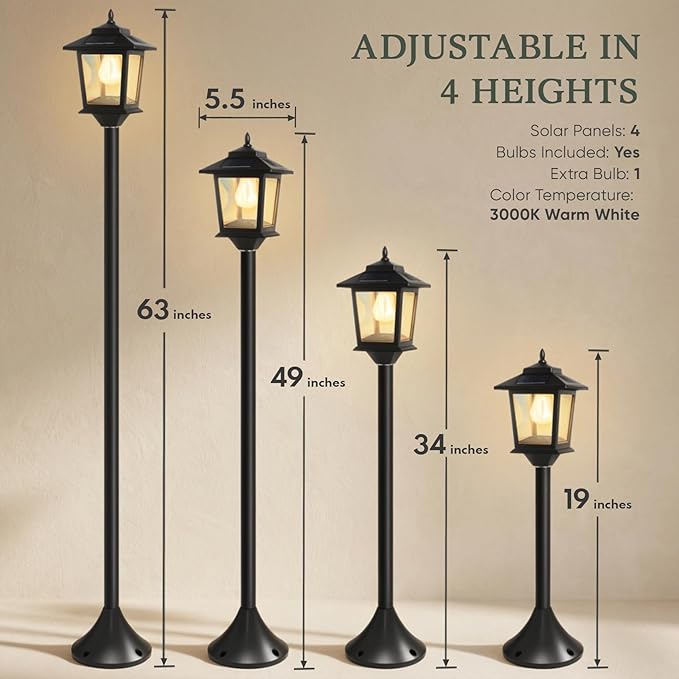 PASAMIC Outdoor Solar Post Lights, 2-Pack 63" Dusk to Dawn Solar Lamp Posts, Waterproof Floor Lamps, Warm White Pole Lights for Patio with Replaceable Bulb