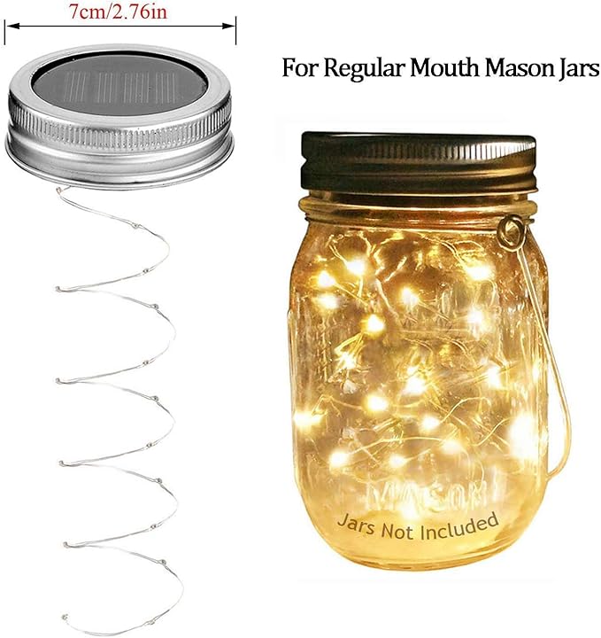 Solar Mason Jar Lights, 6 Pack 10 LED Jar Lid String Lights with 6 Hangers(No Jars), Waterproof Fairy Firefly Light for Garden, Patio, Outdoor, Yard, Lawn Decor(Warm White)