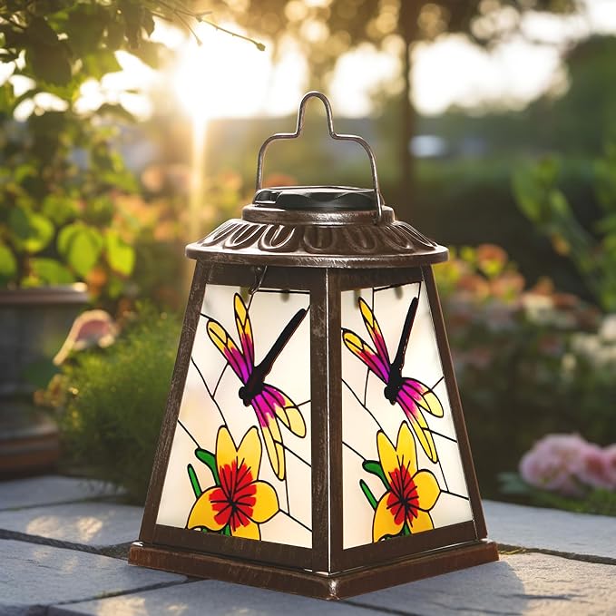 Dragonfly Solar Lantern with Shepherd Hook, Outdoor Hanging Metal LED Garden Light Waterproof for Patio Yard Pathway, Peaceful Dragonfly Lantern Decor and Christmas Holiday Gift for Women Mom Grandma
