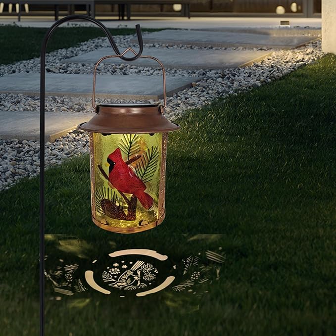 10" H Cardinal Solar Lanterns Outdoor, Metal Glass Hanging Solar Lanterns with Hollow Out Retro Cardinal Lights, Decorative for Garden Yard Patio Pathway Tabletop Gifts