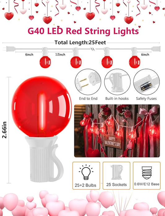 25FT G40 LED Valentine’s Day Outdoor String Lights, Red Valentines Decorations Lights with 27 Shatterproof Globe Bulbs, Hanging Patio Lights for Cafe Christmas Home Backyard Garden Party Wedding Decor