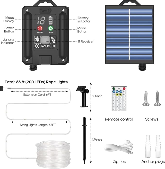 ICRGB Solar Lights Outdoor, 66FT 200LED 1800mah Solar Rope Lights with Remote, Type C, 19 Modes and Timer, IP67 Waterproof for Outdoor Christmas Pool Patio Porch Tree Wedding, Cool White to Multicolor
