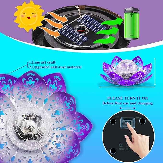 Huaxu Solar Lights Outdoor Decorative-Bright Purple Lotus Flower Table Lamp,Glass Globe 30 LED Waterproof Metal Decorations Gifts for Mom Women Garden Patio Pathway Yard Balcony Outside Decor