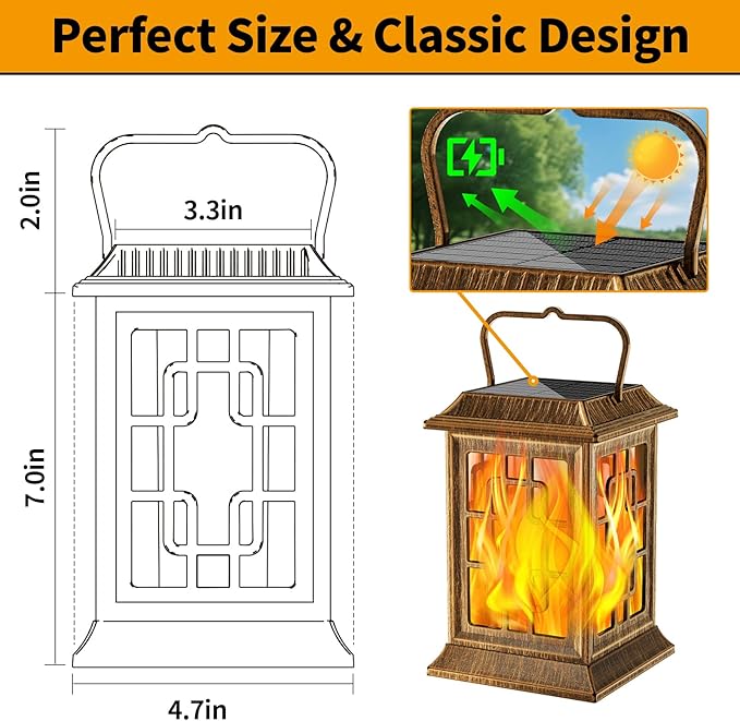 Flickering Solar Lantern Outdoor, Waterproof Hanging Flame Solar Powered Lantern for Pathway, Tabletop, Patio, Garden Decoratives (Bronze)