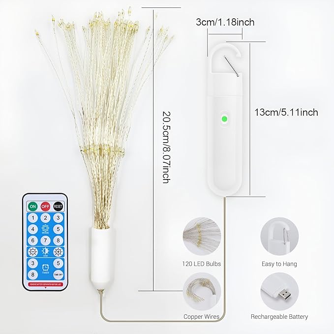Hanging Firework Lights: Twinkle String Fairy Lights with Remote - 120 LED 8 Modes Dimmable - Indoor Outdoor Battery Operated Starburst Light for Garden, Patio, Party Xmas Decor