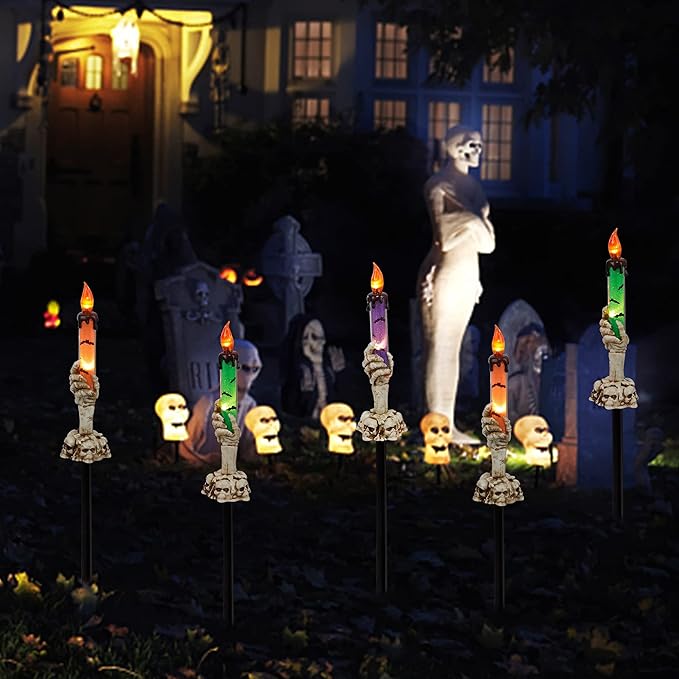 Halloween Candle Light Stakes, 5 Pack Skeleton Hands Hold Lighted Candle Pathway Makers, Waterproof Battery Operated with Timer, Light Up Figurine for Indoor Outdoor Holiday Party