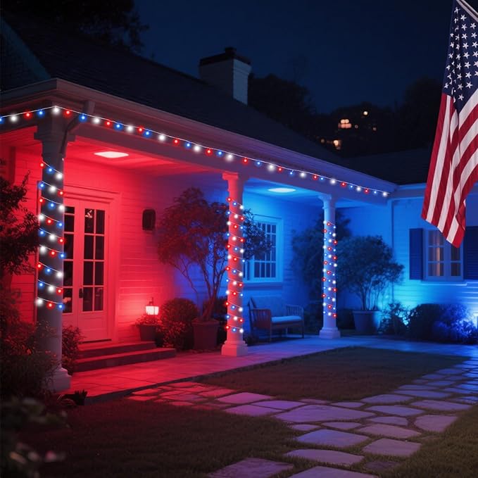2 Pack Red White and Blue Fairy Lights Battery Operated, 66FT 200LED July 4th Patriotic String Lights with Timer, 8 Modes Waterproof Twinkle Light Indoor Outdoor for Independence Day National Day