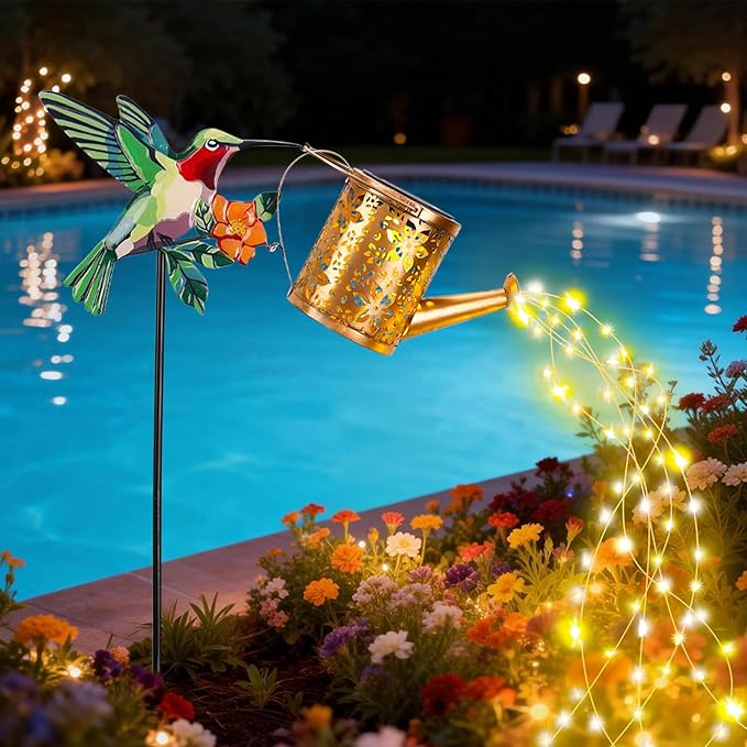 Solar Watering Can with Cascading Lights Outdoor Garden Decor 2026 New Hummingbird Shaped Solar Lights Outdoor Waterproof Solar Garden Lights Yard Decorations Outdoor for Mom Family Holidays Gift