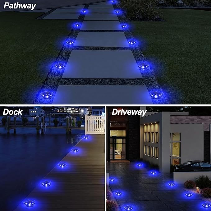 Solar Deck Lights Driveway Dock Lights 4 Pack, Waterproof Outdoor Solar Powered LED Driveway Marker Light Aluminum Warning Step Light for Sidewalk, Garden Pathway, Walkway, Yard, Marine (Blue)