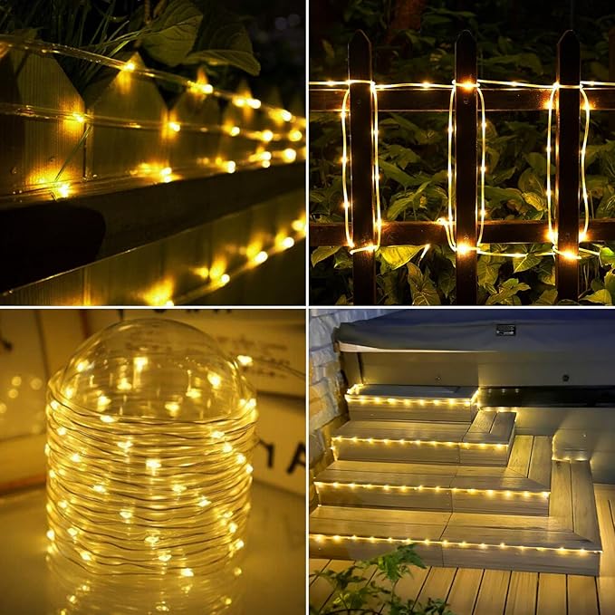 Solar Rope Lights Outdoor, 33ft 100 LED 8-Mode Waterproof String Tube Light for Garden & Patio, Warm White