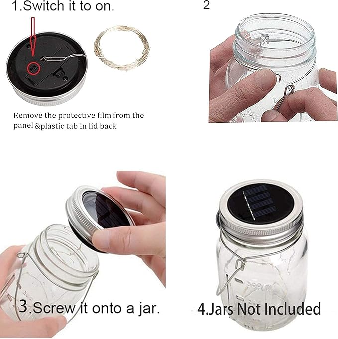 ANGMLN Upgraded Solar Mason Jar Lid Lights, 10 Pack 30 LED Fairy Star Firefly String Lids Lights Including (10 pcs Hangers),for Wedding Patio Garden Party Decorations (No Jars)