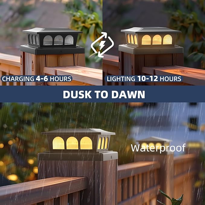 12 Pack Solar Post Cap Lights, Warm White & Cool White Auto On/Off, Waterproof Fence Post Solar Lights for 4x4 5x5 6x6 Wood/Vinyl Posts, Fence, Deck, Patio, Garden Decor (Black)
