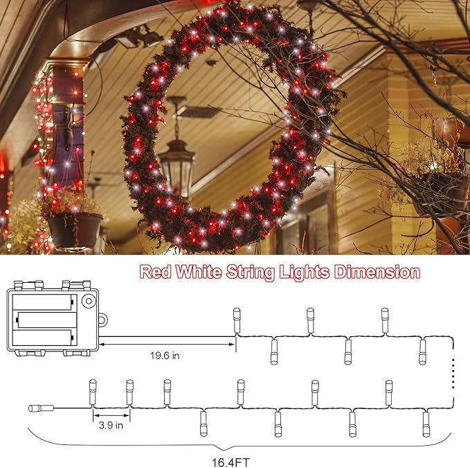 4 Pack Red White Christmas Lights Battery Operated 16.4Ft 50 LED Wreath String Lights Auto Timer Candy Cane Battery String Lights 8 Modes Green Wire Xmas Decor for Christmas Tree Garland
