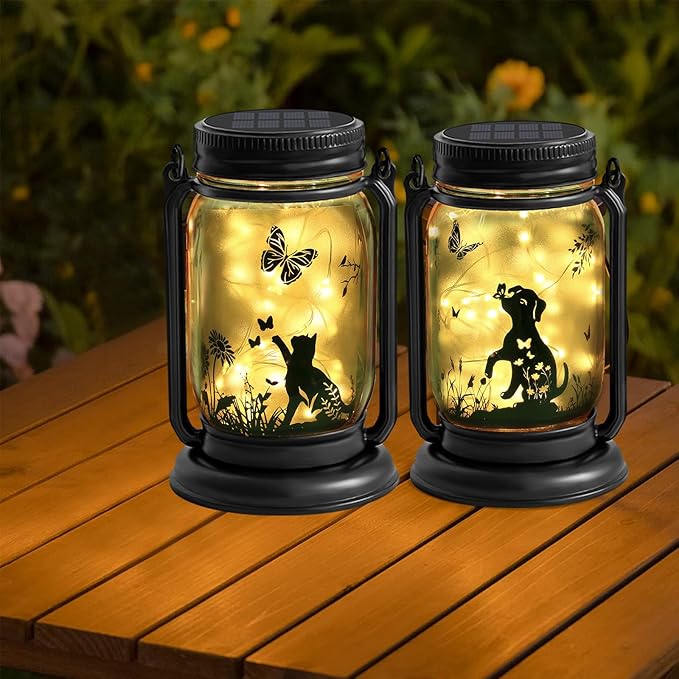 YJFWAL Solar Cat & Butterfly Lanterns Outdoor Waterproof - Cat Lover Gifts for Women Mom Grandmom Birthday Mothers Day, LED Hanging Mason Jar Fairy Lights for Garden Yard Patio Decor