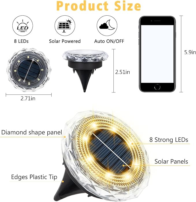 echosari Solar Ground Lights 6 Pack, Upgraded Solar Garden Lights Auto ON/Off Landscape Lighting Outdoor In-Ground Lights Waterproof Long Lasting for Pathway Walkway Patio (Warm White)