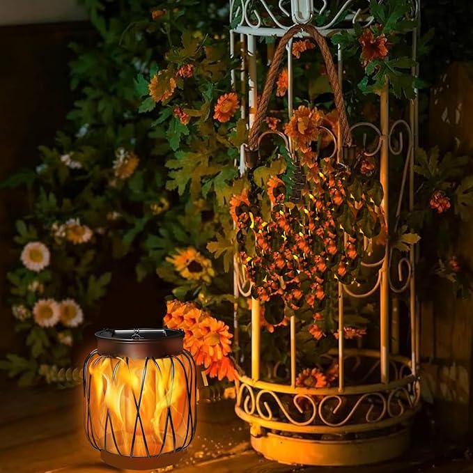 Solar Hanging Lantern Lights Outdoor Waterproof, 2 Pack Solar Flame Lantern with Hook, Metal Hanging Lanterns for Outside, Led Porch Lanterns for Patio Tree Camping Garden Decorative Lights