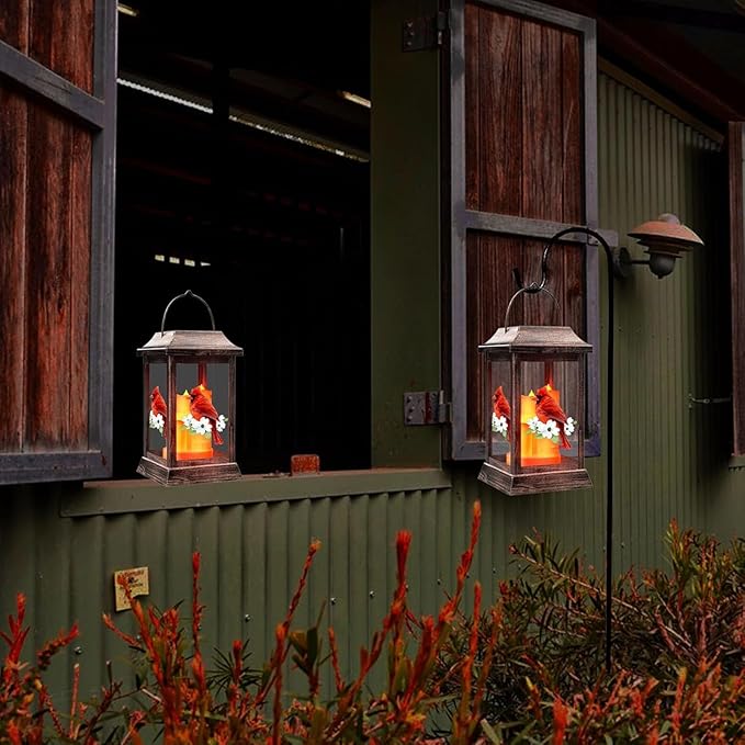 Solar Lanterns Outdoor Hanging Lanterns, Metal with Glass Cardinal Solar Lights, Waterproof Decorative Lantern Garden Decor for Outside Table Patio Yard, Memorial Gifts Grave Decorations for Cemetery