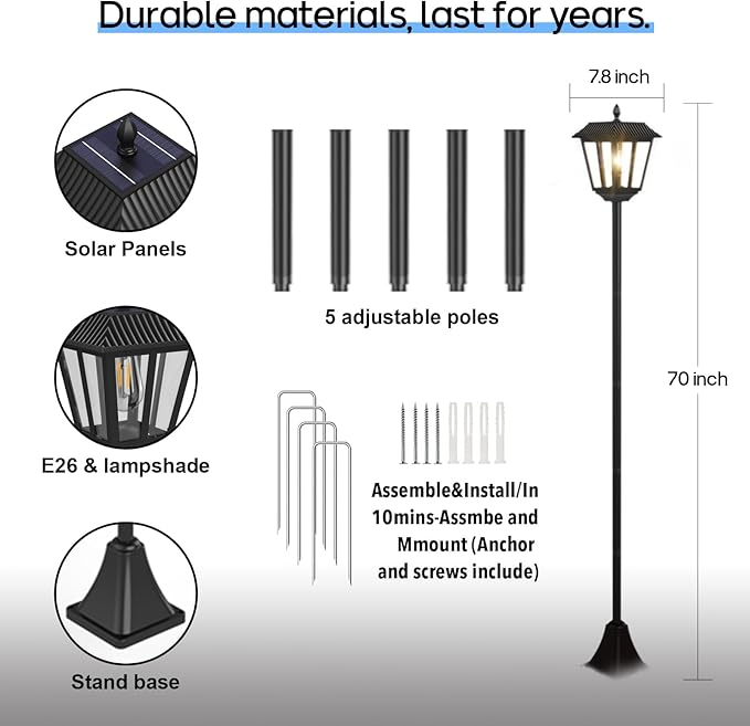 2Pack Solar Lamp Post Lights, Outdoor Solar Pole Light Waterproof 70" Tall Floor Street Lights Outside Garden Front/Back Door Yard Patio Decoraion, Warm White