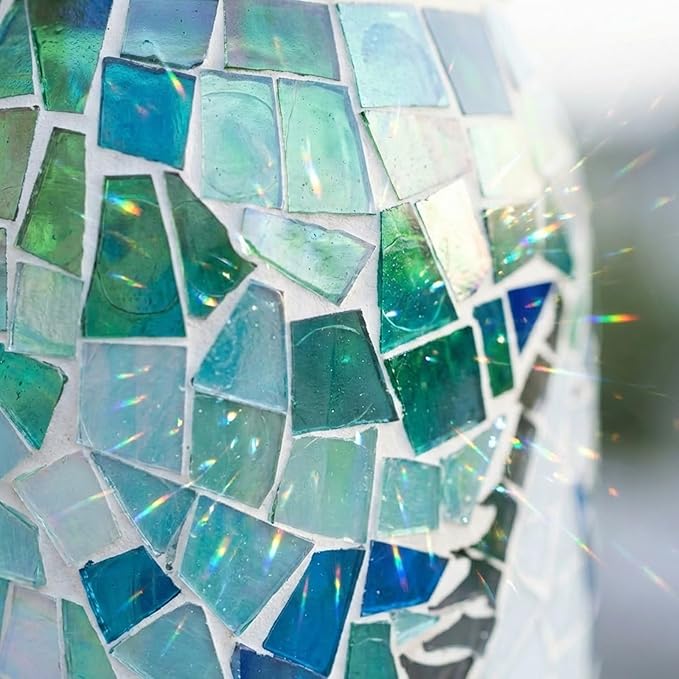7.5" Large Mosaic Solar Lantern Outdoor: Gradient Emerald Azure Stained Glass Jar Decorative Silhouette Hanging Lights for Garden Patio Yard Artistic Glass Vase Table Lamp Gifts for Women