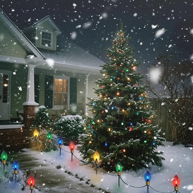 2 Pack Jumbo Christmas Pathway Lights Outdoor, Total 14FT 8Pcs Multicolor Diamond Connectable Plug in Walkway Lights for Driveway, Fence, Yard Holiday Decor, Green Wire